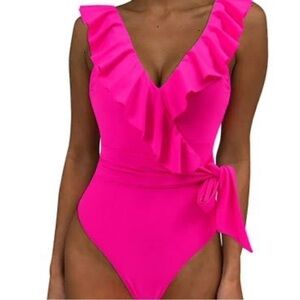 Tempt Me Hot Pink Ruffle Wrap One Piece Swimsuit